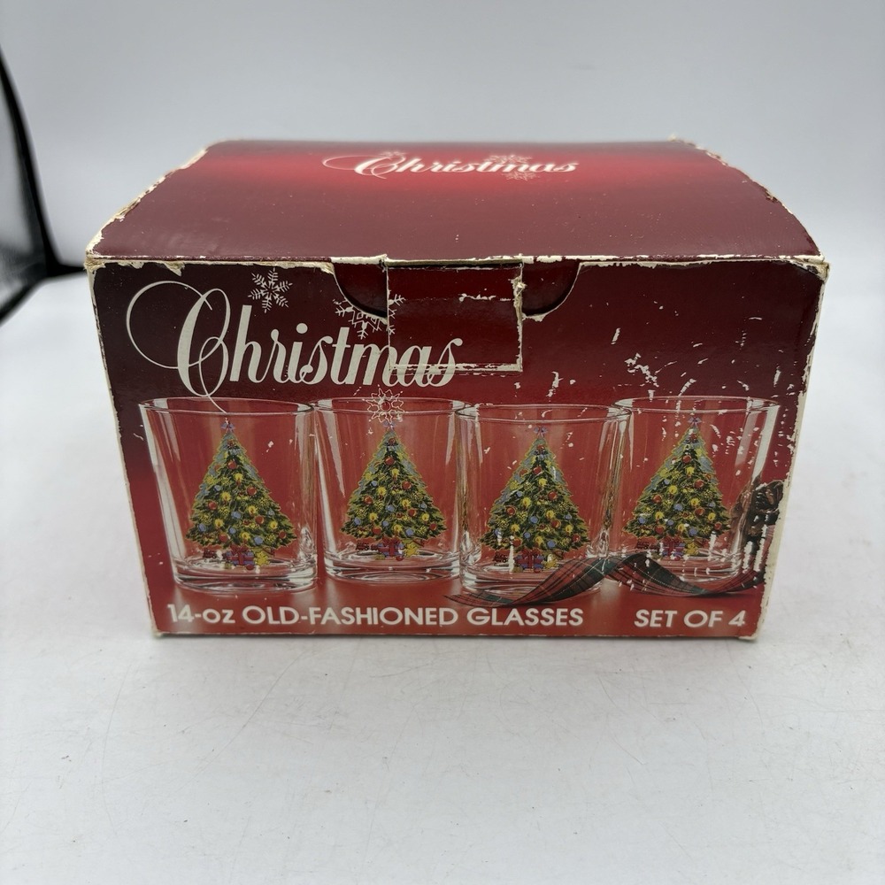 Vintage Carlton Glass Action 4" Glasses Set Of 4 Christmas Tree 14 oz w Box